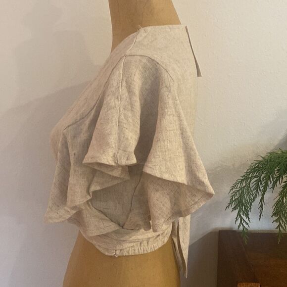 LILYFUL sz L linen rayon blend crop top ruffled sleeves wrap tie NWT beige - Picture 2 of 7